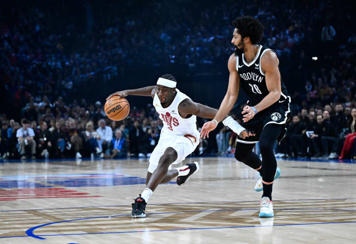 Jan 11, 2024; Paris, FRANCE; Cleveland Cavaliers guard Caris LeVert (3) is defended by Brooklyn Nets guard Spencer Dinwiddie (26) in the NBA Paris Game at AccorHotels Arena. Mandatory Credit: Alexis Reau/Presse Sports via USA TODAY Sports